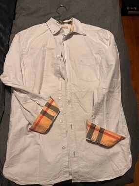 Burberry White Button-Down Shirt with Plaid Cuff Accent